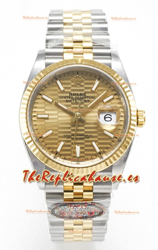 Rolex Super Clone Datejust ETA 3235 Movement 36MM Reloj Suizo Dos Tonos Oro Amarillo Dial Estriado
