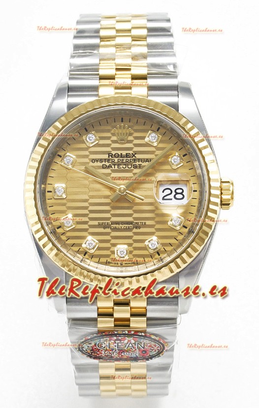 Rolex Super Clone Datejust ETA 3235 Movement 36MM Reloj Suizo Dos Tonos Oro Amarillo Dial Estriado