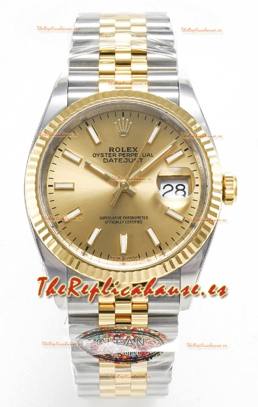 Rolex Super Clone Datejust ETA 3235 Movement 36MM Reloj Suizo Dos Tonos Oro Amarillo Dial Oro