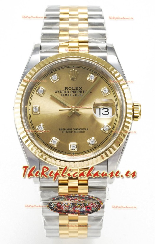 Rolex Super Clone Datejust ETA 3235 Movement 36MM Reloj Suizo Dos Tonos Oro Amarillo Dial Oro