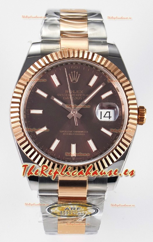 Rolex Super Clone Datejust ETA 3235 Movement 41MM Reloj Chapado Oro Rosado Dos Tonos Dial Marrón