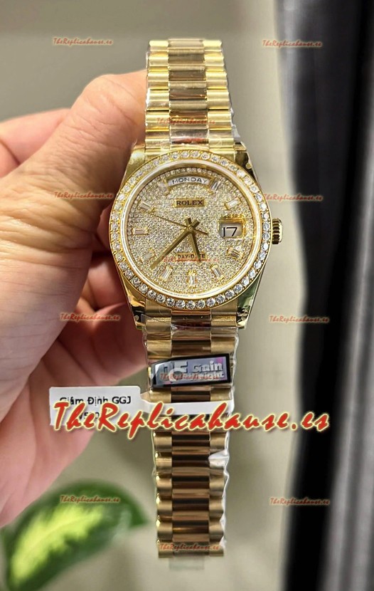 Rolex Day Date Super Clone Chapado Oro Amarillo Reloj Personalizado y Modificado con Pavimentado en Diamantes