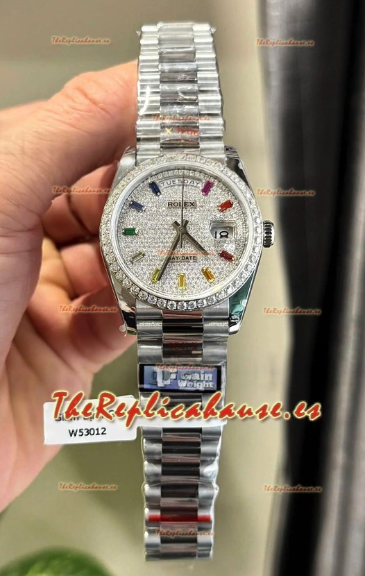 Rolex Day Date Super Clone Chapado Oro Blanco Reloj Personalizado y Modificado con Pavimentado en Diamantes