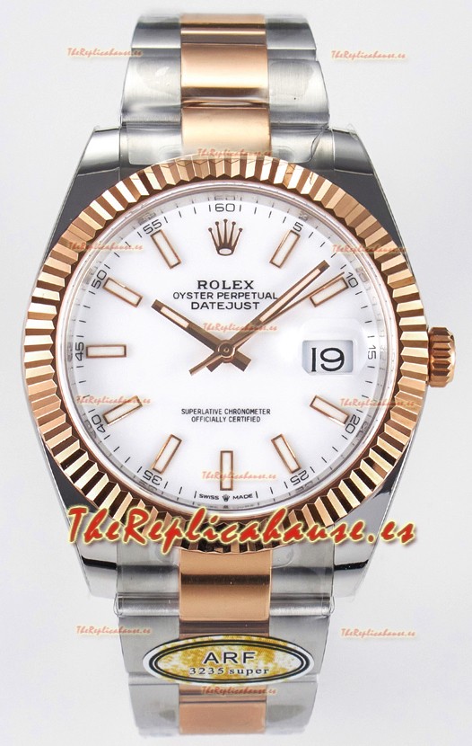 Rolex Super Clone Datejust ETA 3235 Movement 41MM Reloj Chapado en Oro Rosado Dos Tonos Dial Blanco