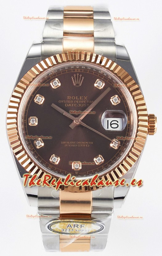 Rolex Super Clone Datejust ETA 3235 Movement 41MM Reloj Chapado Oro Rosado Dos Tonos Dial Marrón