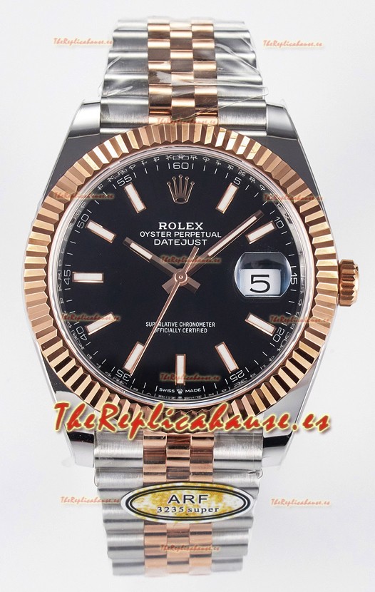 Rolex Super Clone Datejust ETA 3235 Movement 41MM Reloj Chapado en Oro Rosado Dos Tonos Dial Negro