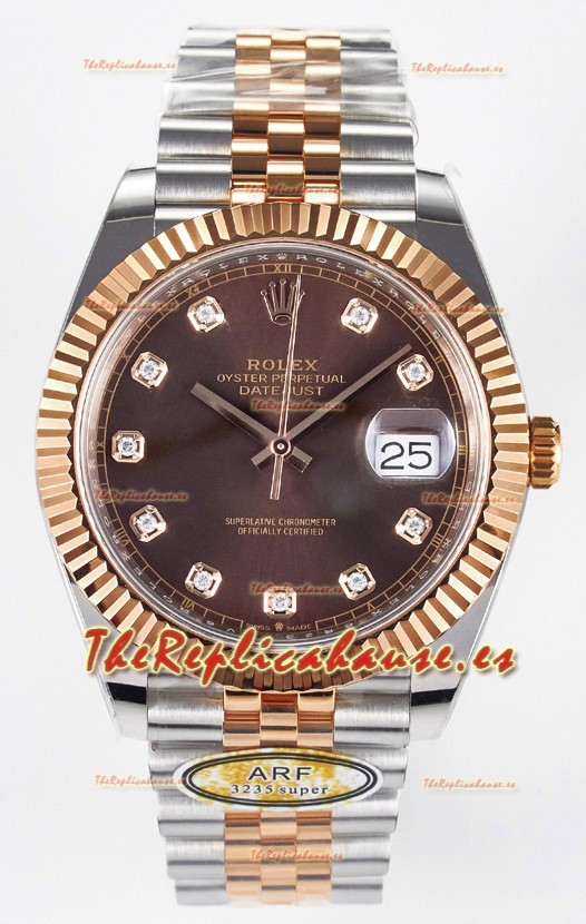 Rolex Super Clone Datejust ETA 3235 Movement 41MM Reloj Chapado Oro Rosado Dos Tonos Dial Marrón