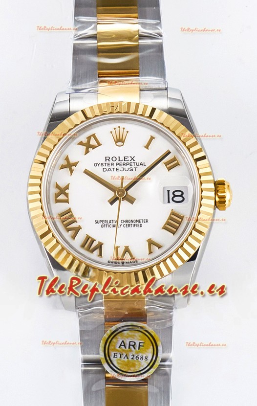 Rolex Super Clone Datejust ETA 2688 Movement 31MM Oro Amarillo Dos Tonos Suizo Dial Blanco