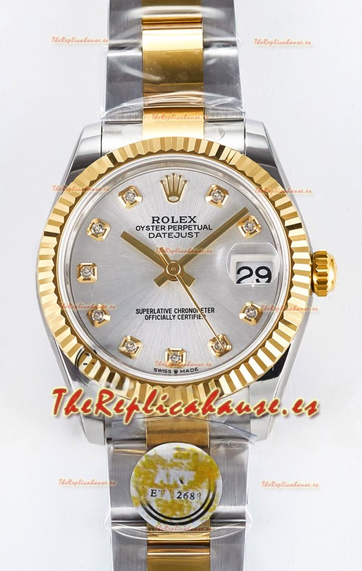 Rolex Super Clone Datejust ETA 2688 Movement 31MM Oro Amarillo Dos Tonos Suizo Dial Plateado