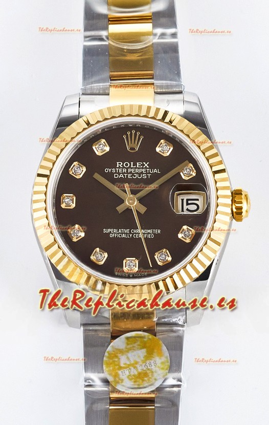 Rolex Super Clone Datejust ETA 2688 Movement 31MM Oro Amarillo Dos Tonos Suizo Dial Marrón