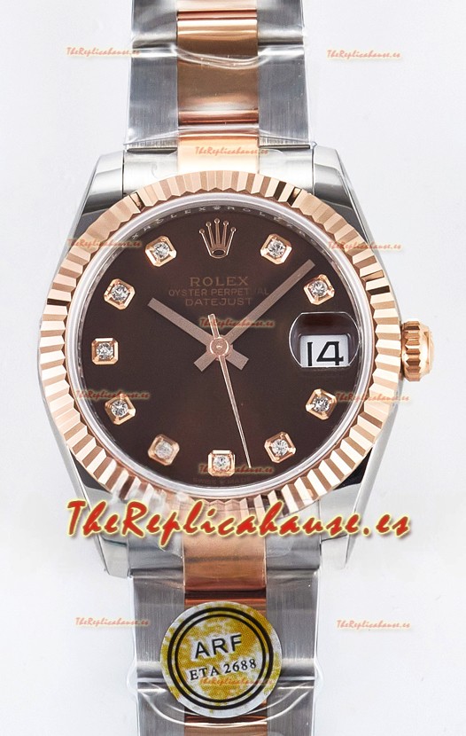 Rolex Super Clone Datejust ETA 2688 Movement 31MM Oro Rosado Dos Tonos Suizo Dial Marrón