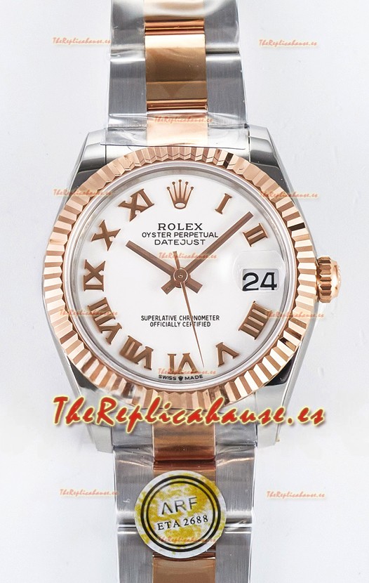 Rolex Super Clone Datejust ETA 2688 Movement 31MM Oro Rosado Dos Tonos Suizo Dial Blanco