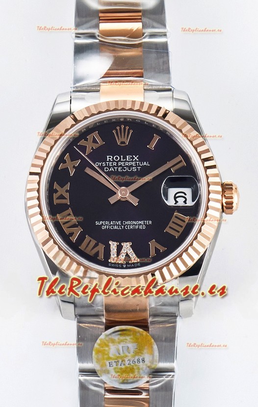 Rolex Super Clone Datejust ETA 2688 Movement 31MM Oro Rosado Dos Tonos Suizo Dial Negro