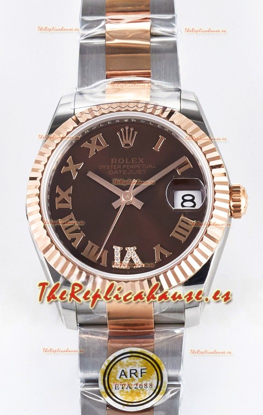 Rolex Super Clone Datejust ETA 2688 Movement 31MM Oro Rosado Dos Tonos Suizo Dial Marrón