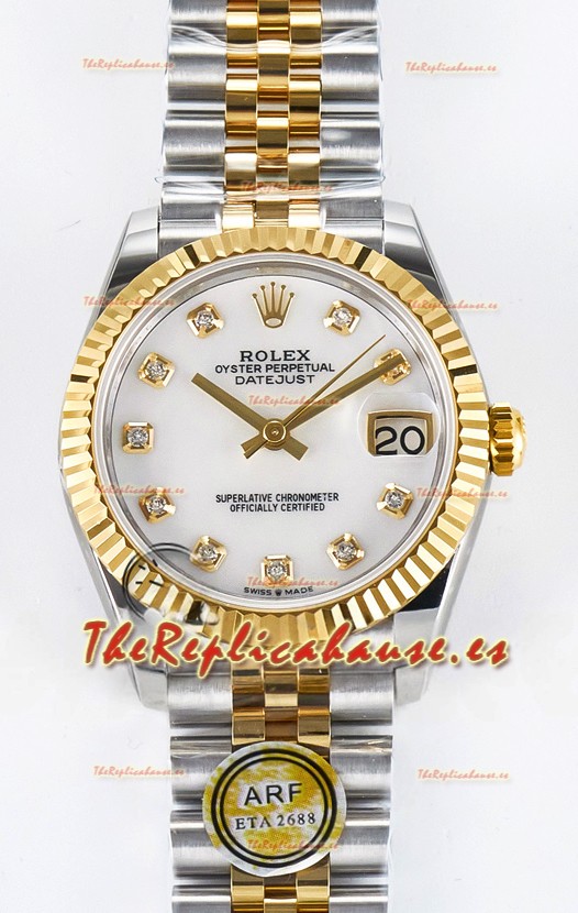 Rolex Super Clone Datejust ETA 2688 Movement 31MM Oro Amarillo Dos Tonos Dial Madre Perla