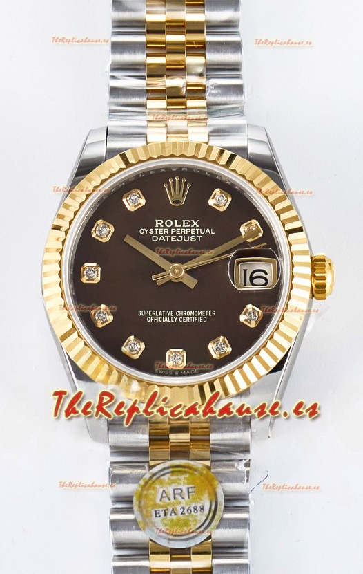 Rolex Super Clone Datejust ETA 2688 Movement 31MM Oro Amarillo Dos Tonos Dial Marrón
