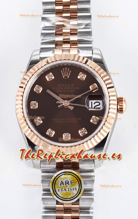 Rolex Super Clone Datejust ETA 2688 Movement 31MM Oro Rosado Dos Tonos Suizo Dial Marrón
