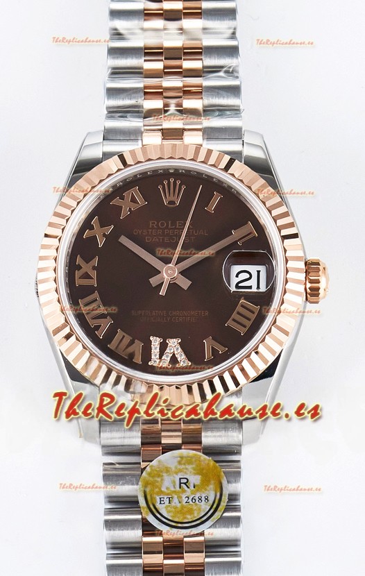 Rolex Super Clone Datejust ETA 2688 Movement 31MM Oro Rosado Dos Tonos Suizo Dial Marrón
