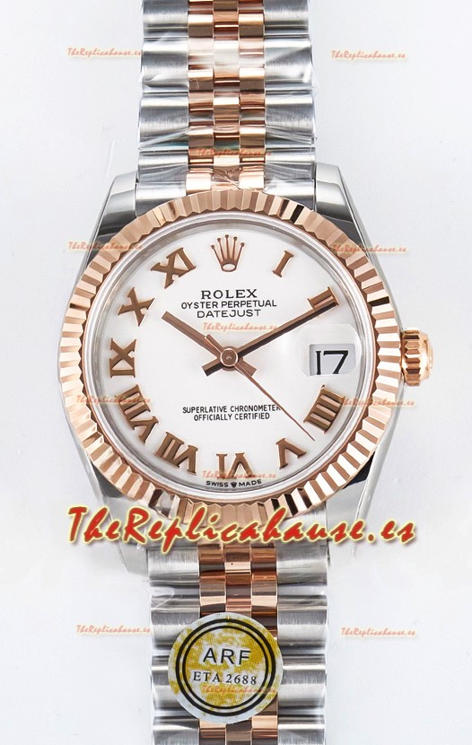 Rolex Super Clone Datejust ETA 2688 Movement 31MM Oro Rosado Dos Tonos Suizo Dial Blanco