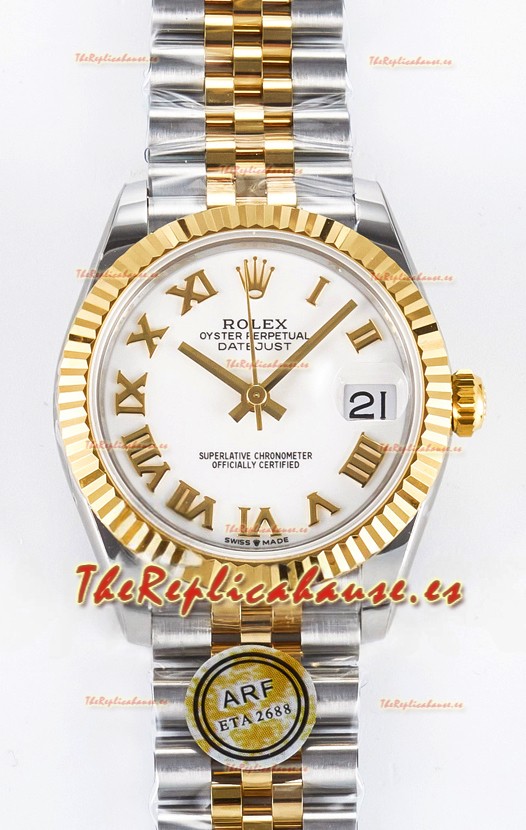 Rolex Super Clone Datejust ETA 2688 Movement 31MM Oro Amarillo Dos Tonos Suizo Dial Blanco