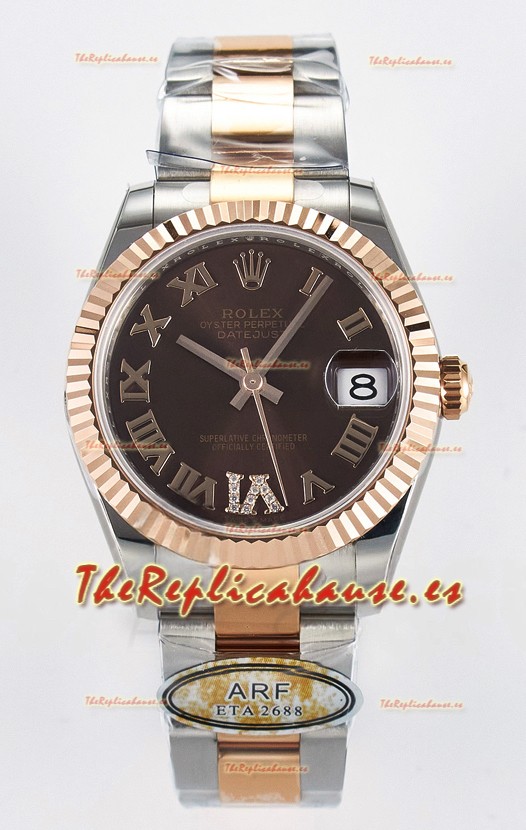 Rolex Super Clone Datejust ETA 2688 Movement 31MM Oro Rosado Dos Tonos Suizo Dial Marrón
