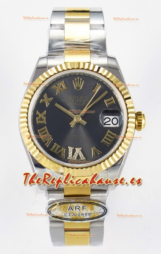 Rolex Super Clone Datejust ETA 2688 Movement 31MM Oro Amarillo Dos Tonos Suizo Dial Gris