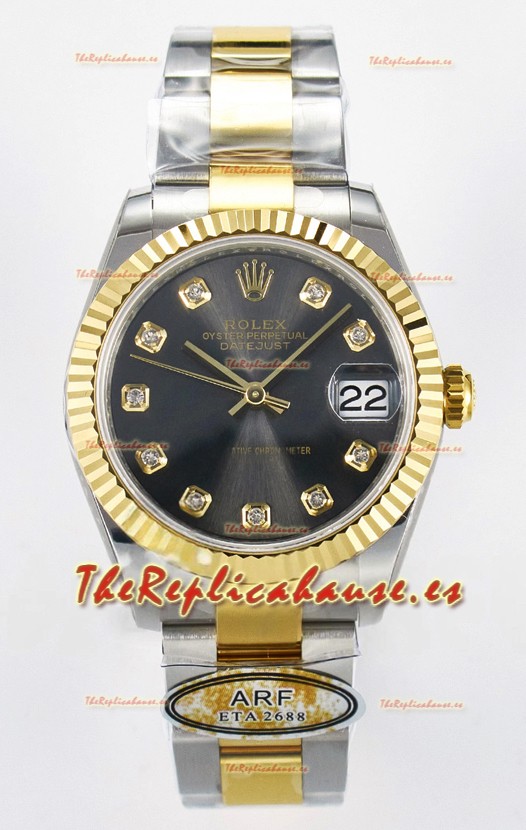 Rolex Super Clone Datejust ETA 2688 Movement 31MM Oro Amarillo Dos Tonos Dial Gris