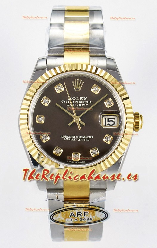 Rolex Super Clone Datejust ETA 2688 Movement 31MM Oro Amarillo Dos Tonos Dial Marrón 