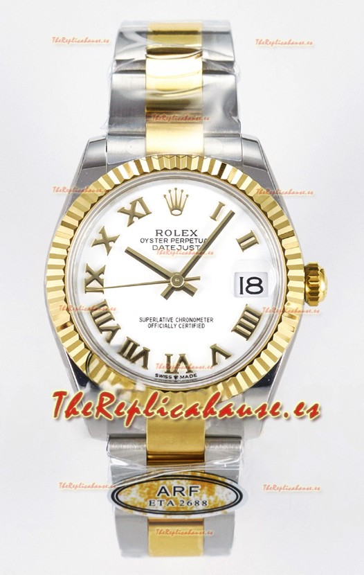 Rolex Super Clone Datejust ETA 2688 Movement 31MM Reloj Oro Amarillo Dos Tonos Dial Blanco