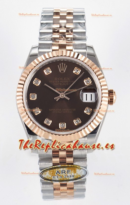 Rolex Super Clone Datejust ETA 2688 Movement 31MM Oro Rosado Dos Tonos Suizo Dial Marrón