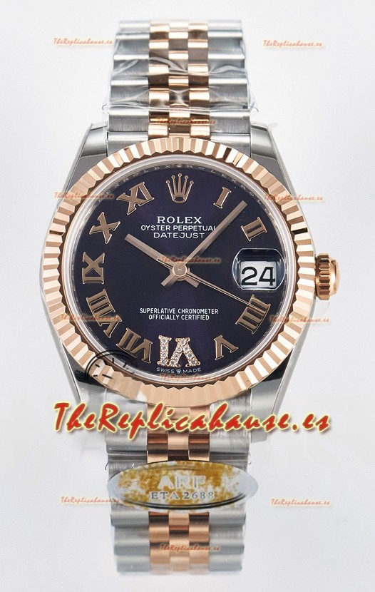 Rolex Super Clone Datejust ETA 2688 Movement 31MM Oro Rosado Dos Tonos Suizo Dial Morado