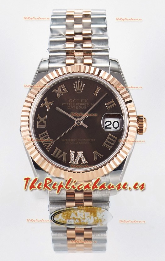 Rolex Super Clone Datejust ETA 2688 Movement 31MM Oro Rosado Dos Tonos Suizo Dial Marrón