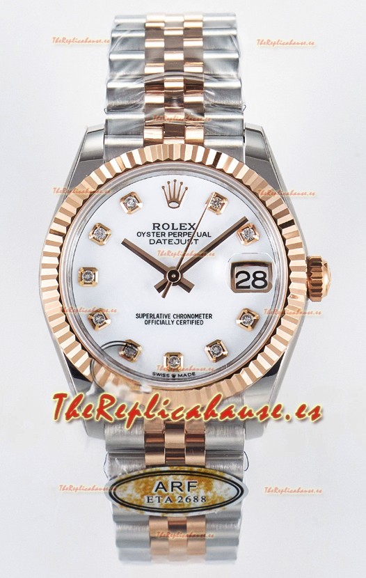 Rolex Super Clone Datejust ETA 2688 Movement 31MM Oro Rosado Dos Tonos Suizo Dial Blanco