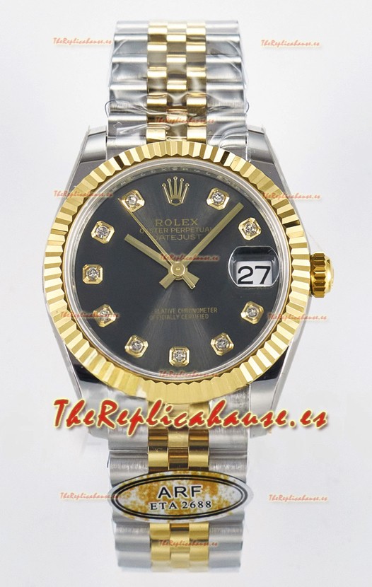 Rolex Super Clone Datejust ETA 2688 Movement 31MM Oro Amarillo Dos Tonos Suizo Dial Gris