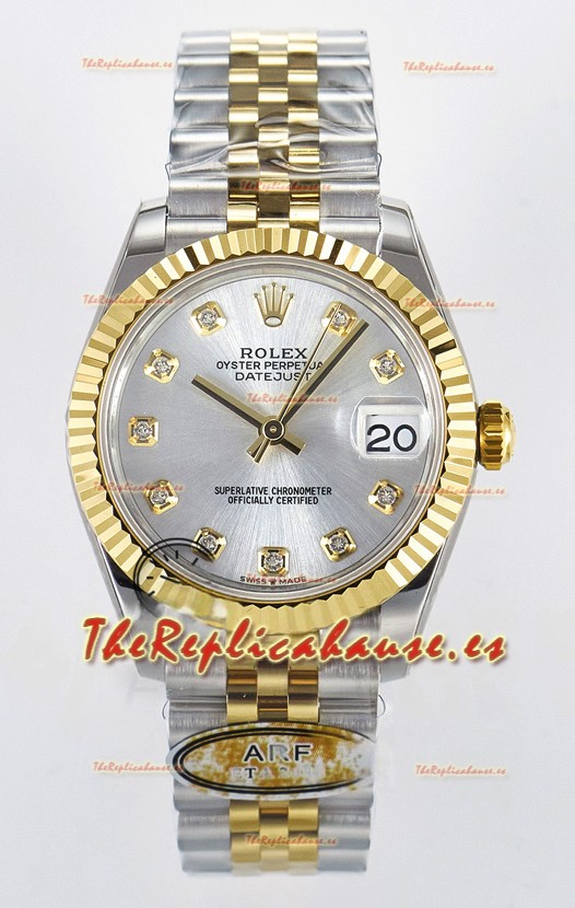 Rolex Super Clone Datejust ETA 2688 Movement 31MM Oro Amarillo Dos Tonos Suizo Dial Plateado