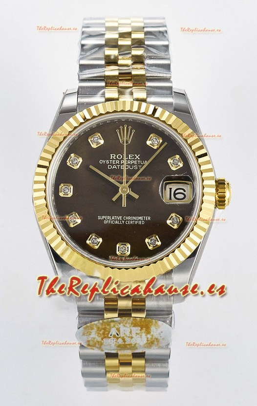 Rolex Super Clone Datejust ETA 2688 Movement 31MM Oro Amarillo Dos Tonos Suizo Dial Marrón
