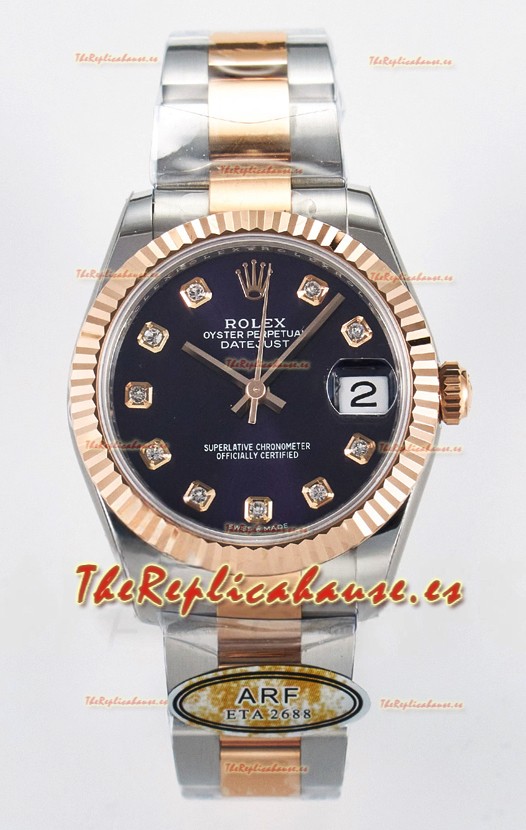 Rolex Super Clone Datejust ETA 2688 Movement 31MM Oro Rosado Dos Tonos Suizo Dial Morado