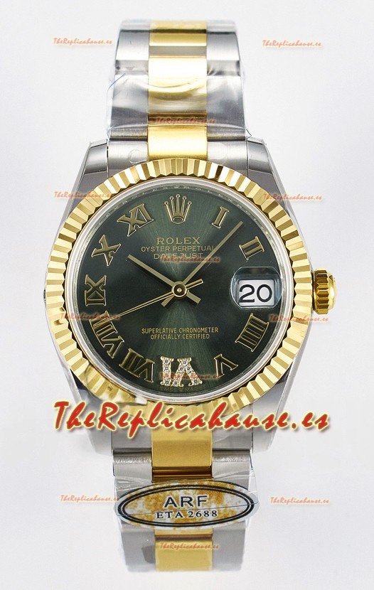 Rolex Super Clone Datejust ETA 2688 Movement 31MM Oro Amarillo Dos Tonos Suizo Dial Verde 