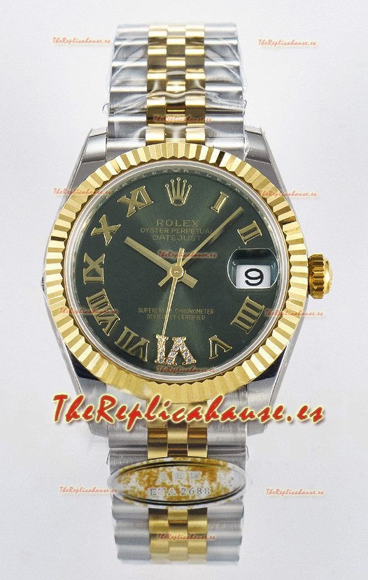 Rolex Super Clone Datejust ETA 2688 Movement 31MM Oro Amarillo Dos Tonos Suizo Dial Verde 