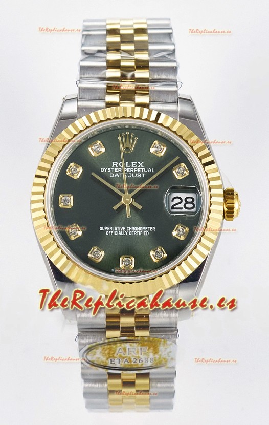 Rolex Super Clone Datejust ETA 2688 Movement 31MM Oro Amarillo Dos Tonos Suizo Dial Verde 