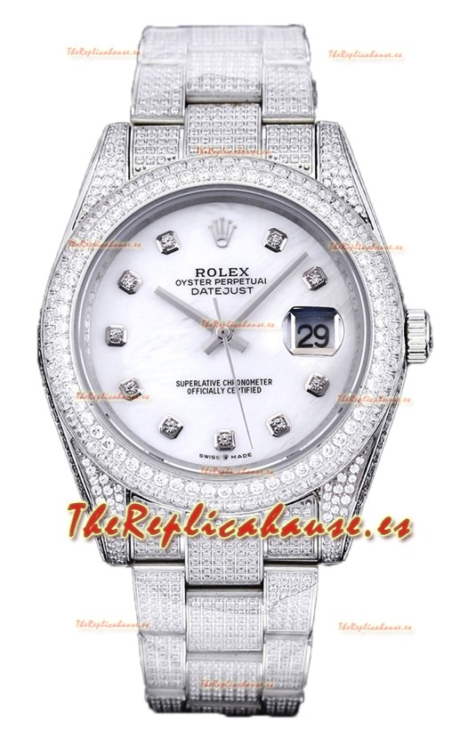 Rolex Datejust 41MM Réplica Suiza - Edición Iced Out con Dial en Blanco Perla