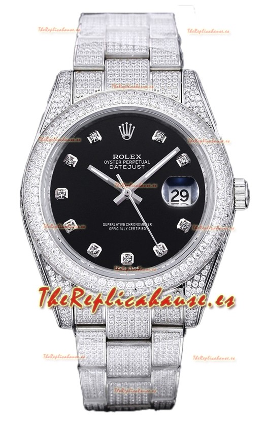 Rolex Datejust 41MM Réplica Suiza - Edición Iced Out en Dial Negro
