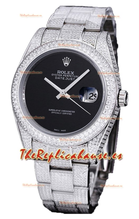 Rolex Datejust 41MM Réplica Suiza - Edición Iced Out en Dial Negro