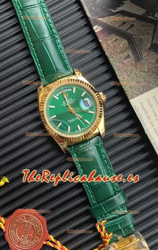 Rolex Day Date Reloj Caja Oro Amarillo en Correa Verde 36MM - Calidad Espejo 1:1