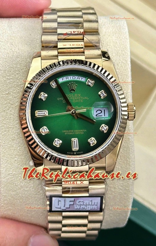 Rolex Day Date Super Clone Reloj Oro Amarillo 18K 36MM - Dial Verde Reloj Réplica Espejo 1:1 