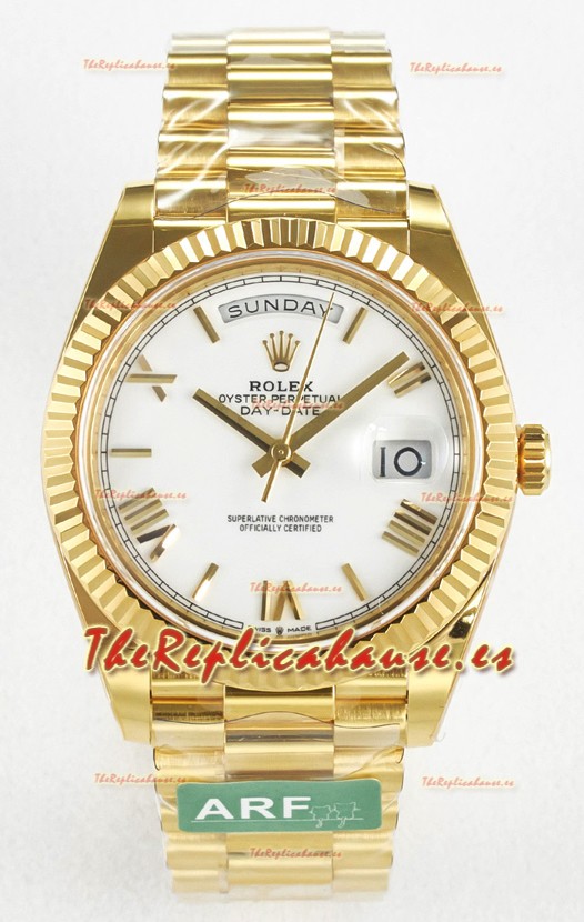 Rolex Day Date Super Clone Reloj Oro Amarillo 18K 40MM - Dial Blanco 1:1 Calidad Espejo