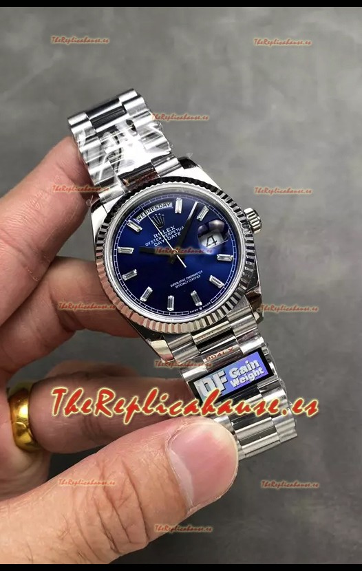 Rolex Day Date Super Clone Acero Inoxidable Dial Azul Reloj Marcadores Hora en Cristal 36MM - 1:1 Calidad Espejo