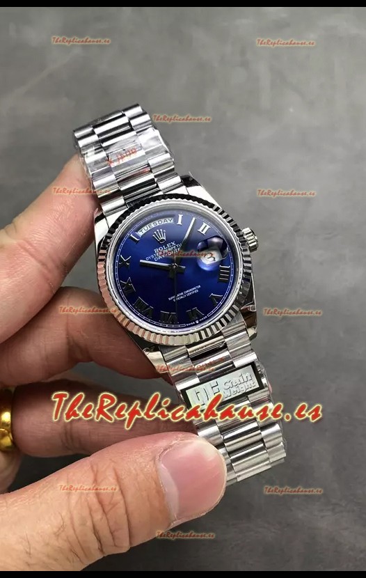 Rolex Day Date Super Clone Acero Inoxidable Dial Azul Reloj Numerales Pequeños en Romano 36MM - 1:1 Calidad Espejo