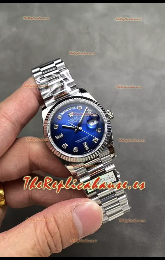 Rolex Day Date Super Clone Acero Inoxidable Dial Azul Reloj Numerales en Diamantes 36MM - 1:1 Calidad Espejo