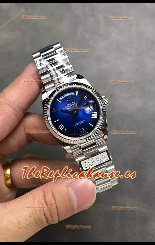 Rolex Day Date Super Clone Acero Inoxidable Dial Azul Numerales Largos en Romano 36MM - 1:1 Calidad Espejo